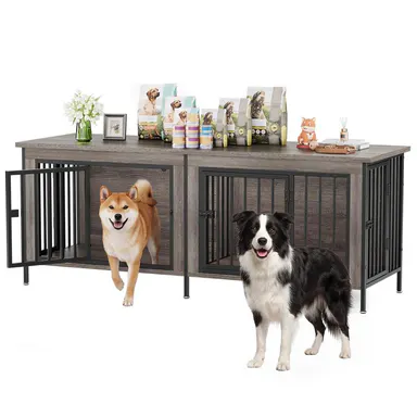 Sweetcrispy 3-in-1 Reinforced Metal & Wood 2-Compartment Dual Crate Furniture - Heavy-Duty Rustic Farmhouse Kennel, TV Stand & Side Table for Bedroom, Space-Saving, Double Door Lock, 27.56\" L×23.62\" W×25.49\" H for Small/Medium Dogs