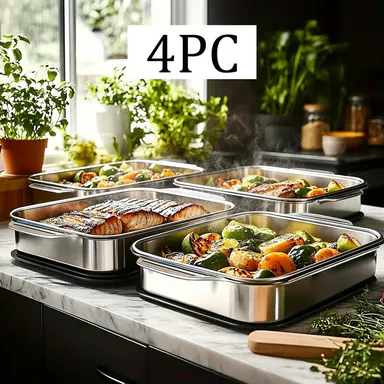 Stainless Steel Bakeware Set - 4pc XL Nonstick Durable Thick-Bottomed Rectangular Oven-Safe Cake Tins with Lids, Grill-to-Serve for Desserts, Ideal Mother’s Day Gift