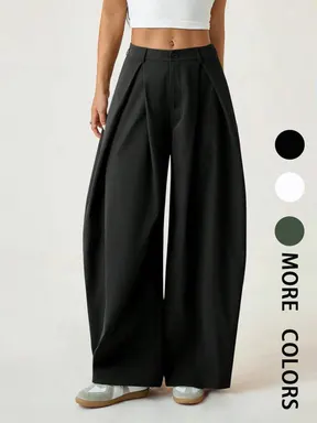 Women's Vintage Casual Street Style Loose Fit Pants, Elastic Waist Wide Leg Trousers, Retro Fashion Bottoms for Daily Wear
