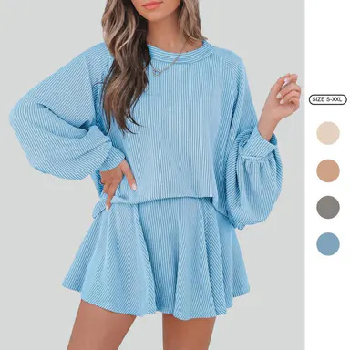 Imily Bela Women's Ribbed Crew Neck Balloon Sleeve Top & Skirt Set - Energetic Casual Two-Piece