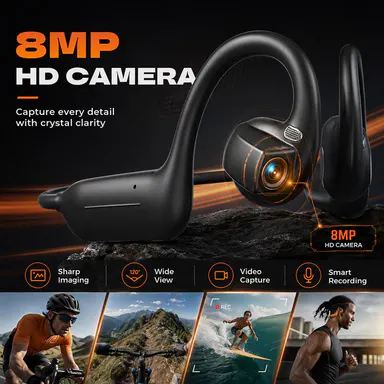E12 Bone Conduction Wireless Audio Headphones, 8MP EIS Stabilized Camera, 160+ Languages Instant Translation, Touch & Button Control, IP65 Waterproof Sport Headsets for Outdoor Cycling Vlog Recording, Outdoor Gadgets Guys Gifts, Device