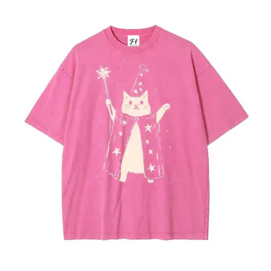 Men's Oversized Soft Washed Cotton Retro Graphic T-Shirt - Vintage Wizard Cat Design Top, s,l