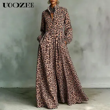 UOOZEE Women's Polyester Light Leopard Print Maxi Dress - Silky A-Line Cuffed Balloon Long-Sleeve Shirt Dress with Pockets, Pleated Waist, Strappy Metallic Accents, Blazer-Compatible, Breathable, Modest Feminine Drape for Cocktail, Vacation Parties