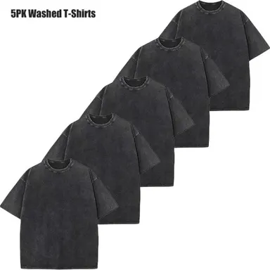 BACK TO SCHOOLMen's 5-Pack T-Shirts, Heavyweight 100% Cotton Vintage Washed Oversized Basic Tees, Unisex Streetwear for Layering & Everyday Outfits, Uniform, Cargo, Plain, Round Neck, Fabric, Oversized T Shirt, Vintage Shirts