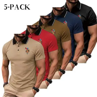 Men's 5-Pack Patterned Polo Shirts - Shortsleeve Business Casual Menswear, Lightweight & Breathable for Work & Golf, Stylish