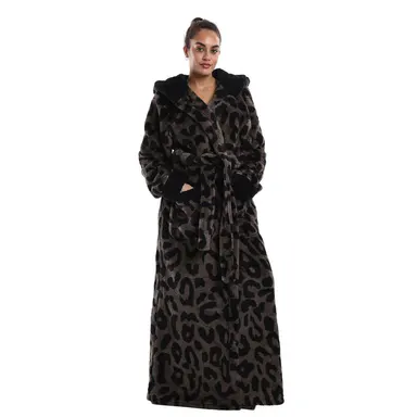 Hooded Leopard Print Long Bathrobe for Women, Thick Fuzzy Flannel Lined House Robe, Cozy Warm Full Length Loungewear Sleep Robe for Halloween
