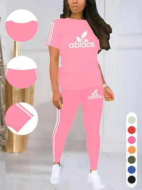 Women's Casual Athletic Sportswear Letter Print Sporty Round Neck Drawstring Short Sleeve Top and Long Pants Two-Piece Set, Fitted Style