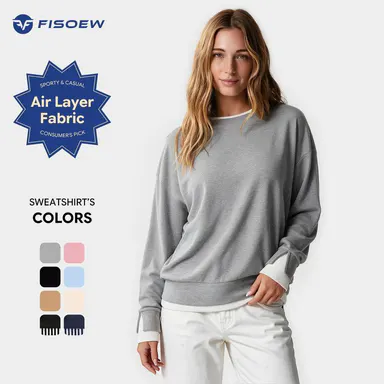 Fisoew Women's Patchwork Design Sweatshirt Air Layer Fabric Hoodie Crew Neck Ribbed Cuff & Hem Patchwork Drop Shoulder Oversized Long Sleeve Pullover Top Hoodie Fit Casual SohoChic