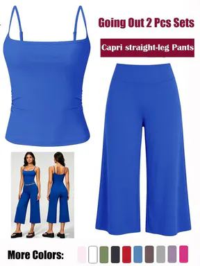 Women's Athleisure 2-Piece Outfit, Sporty Spaghetti Strap Square Neck Tank Top and Loose Straight-Leg Capri Pants, Lightweight Quick-Dry Set for Summer Workouts and Daily Wear, Gym Workout Sets, Women Workout Clothes