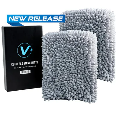 VIKING V+ Cuffless Car Wash Mitt for Cleaning and Washing Exterior of Cars, Use as Wash Mitt or Wash Pad, Grey Microfiber Chenille Mitt for Car Detailing Kit, 10 Inch x 8 Inch, 2 Pack