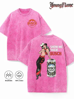100% Cotton Pin Up Cowgirl Drinking Graphic Tee Y2K Dive Bar Aesthetic Summer Streetwear Washed Black Top Funny gifts for him unisex casual streetwear tee trendy short sleeve top acid wash clothes loose fit casual shirt