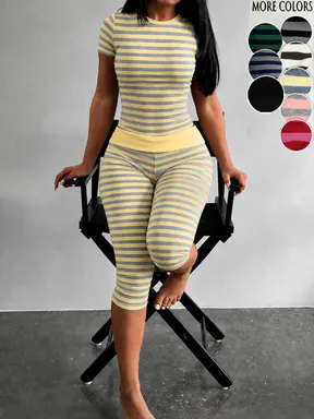 Yellow Grey Striped Two Piece Loungewear Set Crew Neck Short Sleeve Slim Crop Top High Waist Capri Leggings Stretch Fitted Matching Outfit ideal for home relaxation gym training grocery runs and casual everyday all season comfy outfits Multicolor