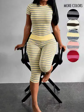 Yellow Grey Striped Two Piece Loungewear Set Crew Neck Short Sleeve Slim Crop Top High Waist Capri Leggings Stretch Fitted Matching Outfit ideal for home relaxation gym training grocery runs and casual everyday all season comfy outfits