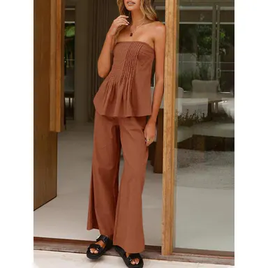 【NEW】TANKANEO Trending Women's 2-Piece Matching Set, Cute 2-Piece Sets for Women's Clothes, Strapless Tube Top & Elastic Waist Straight Wide Leg Pants, Lightweight Polyester Beach Lounge Casual Outfits, Women 2 Piece Sets