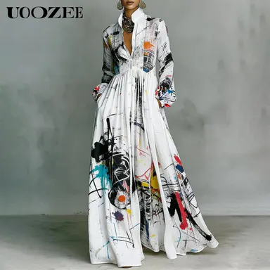 UOOZEE Women's Smart Casual Abstract Graphic Tropical Print Silky Smooth Polyester Long-Sleeve Button-Front Maxi Shirt Dress with Pockets - Stylish Garment for Party, Garments, Style, Minimalist, Maxi Skirt, Casual Dresses, Elegant Dresses For Women