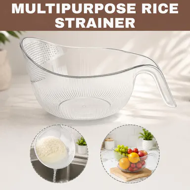 Aesthetic Multifunctional Rice Strainer Basket with Handle - Sturdy BPA-Free Transparent Plastic Kitchen Utensil, Colander for Draining Vegetables, Fruits