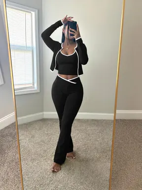 USBOUTIQUE CHIC Women’s 2026  3 Piece Activewear Set White Piping Cropped Jacket + Scoop Cami Top & Crisscross Waist Flare Leggings Lounge Outfit