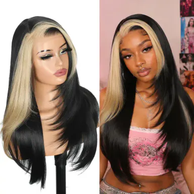 NEWTRESS 24 Inch Layered Straight Glueless Wig with Skunk Stripe and Bangs, 13x6 HD Lace Frontal Synthetic Hair, 220% Density Pre-Cut for Daily Wear natural hairline long straight wig silky, Pink Skunk Stripe, Natural Straight