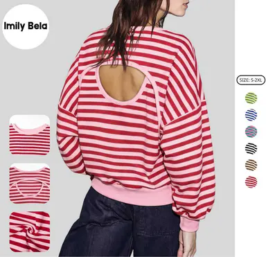 Imily Bela Women’s Striped Oversized Pullover Sweatshirt, Open Back Design, 2026 Cutout Back Pullover Top, Fashion Casual Long Sleeve Shirt