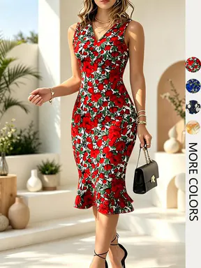 V Neck Sleeveless Fitted Women's Dress, Elegant Waist-Cinch Floral Printed Mermaid Dress, Elastic Mid-Length Polyester Dress, Spring Summer Evening Party Dresses Formal Wear