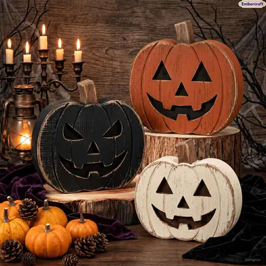 Rustic Farmhouse Wooden Ghost & Pumpkin Table Signs - Festive Home Decoration, Decorations and Ornaments with Ghost Faces for Tiered Tray Decor, Table Decor, Coffee Bar Display