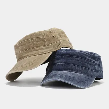 Washed Cotton Military Cadet Cap, Vintage Distressed Army Green Hat for Women & Men, Adjustable Flat Top Sun Visor for Outdoor Travel, Hats For Women, Retro Flat Top, Distressed Look, Men's Accessories, Outdoor Hiking, Extendable, Flat Bill Cap, Street Fa
