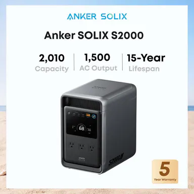 Anker SOLIX S2000 Portable Power Station, 2,010Wh, 1,500W, Home Backup, UPS | 2,010Wh LiFePO4 Battery, Up to 35-Hour Fridge Backup, 1,500W Solar Generator for Home, UPS, Outdoor, and Emergency Use, Batteries, Bluetooth