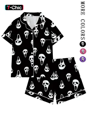 Y2K Horror Mask Pajama Set for Women, Ghost Print Sleepwear, Soft Short-Sleeve Button-Up Matching Loungewear, Fun Halloween 2-Piece, Dark Aesthetic