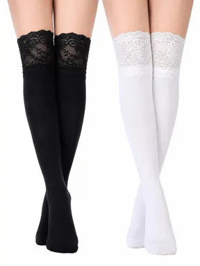 2 Pairs Women's Y2K Style Lace Trim Knee-High Socks, Soft Cozy Stockings, Vintage Aesthetic Stockings for Autumn and Winter