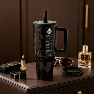 HydroJug40oz Stainless Steel Vacuum Flask - Glossy Black Base Leopard Print Vintage Tumbler, 24hr Cold Retention, Spill-Proof Straw Lid, Portable Drinkware for Gym-Office Use, Stylish, Bottle