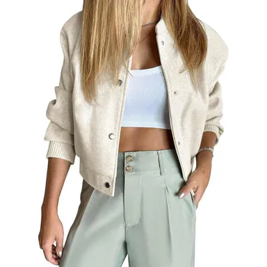 Tankaneo Womens Cropped Bomber Jacket Wool Blend Varsity Short Pea Coats Long Sleeve Button Down Winter Casual Outerwear