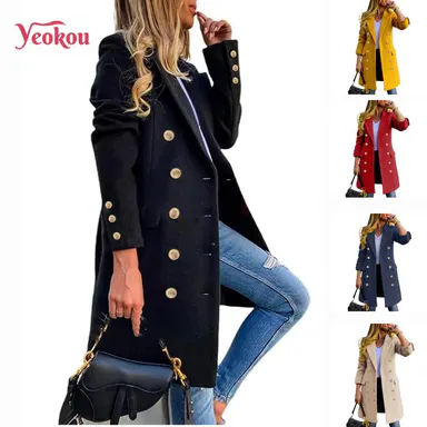 Yeokou Women's Fitted Long-Sleeve Double-Breasted Wool-Blend Midi Pea Coat - Casual Outerwear, Wool Overcoat for Fall Winter Jackets