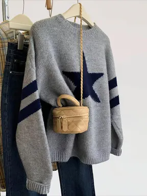 Women's Y2K Loose-Fit Knit Sweater, Long Sleeve Round Neck, Vintage Stripes Stars Pattern, Soft Comfortable, Fall Winter Casual Wear