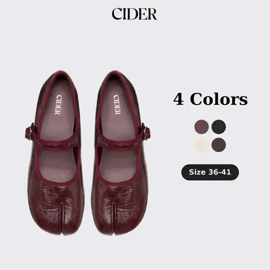 Cider BUCKET SPLIT TOE MARY JANE FLATS SohoChic-Wrinkled Leather Shoes, Sock-Like Ribbed Trim, Buckle Strap, Women's Fashion Flats