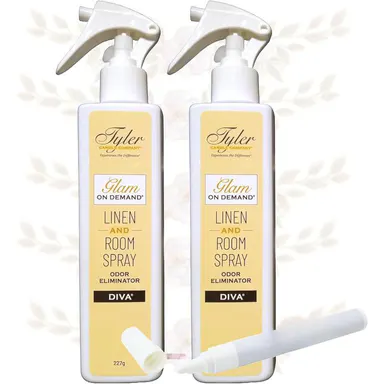 Tyler Glam on Demand Diva Scent Linen & Room Spray 2-Pack Household Set - Fragrance Perfume Aroma Fruits Air Freshener, Odor Eliminator, Stain Remover Pen Laundry Accessory Bundle, Floral
