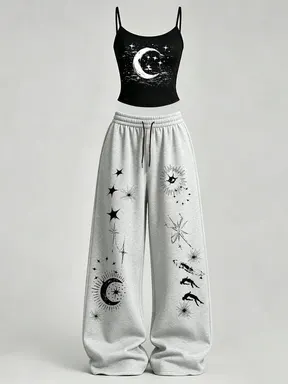Women's Casual Home Wear Set, Star Moon Print Slim Fit Top + Loose Baggy Pants, Y2K Street Style, for Daily Commute, Campus, Home Relaxation