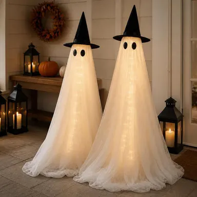 2-Pack 5Ft Halloween Spooky Lighted Ghost Decor Set, Indoor Outdoor Decorative Wind-Resistant Party Decoration Set with String Lights, Waterbags & Hats for Porch Yard, Lighted Party