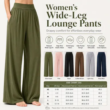 Women High Waist Pleated Wide Leg Palazzo Pants, Elasticated Waistband Side Seam Pockets Soft Drape Fabric Flowy Loose Fit Casual Lounge Dressy Trousers