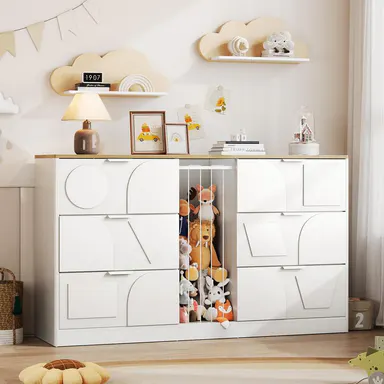 6 Drawer Dresser for Bedroom, 58.1\" Wide Wooden Dresser with Geometric Patterns for Kids, Large Dressers & Chests of Drawers for Storing Toys and Yoga Mat