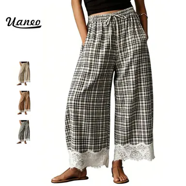 UANEO Lace Hem plaid Pants Women 2026 Summer Cropped Lace Trim Wide Leg Pants Casual Outfits with Pockets