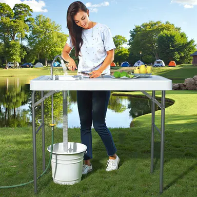 42.5\" Fish Cleaning Table with Sink, Folding Camping Table & Fish Cleaning Station with Measure Mark, Camping Sink with Hose Hookup for Outdoor Picnic, Beach, Dock & Patio Use