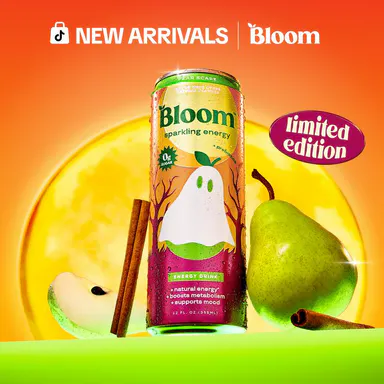 New! Pear Scare - Bloom Sparkling Energy Limited Time Flavor - Natural Caffeine, Zero Sugar, 180mg Caffeine - Antioxidant-Rich with Green Coffee Bean, Green Tea Extract, Prebiotics, 12oz  1 PK, 12 Cans