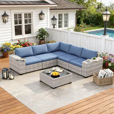 5-Seat All-Weather PE Wicker Patio Furniture Set, 6-Piece Modular Outdoor Furniture Set with Boneless Arms, 4\" Thick Cushions & Coffee Table (2-Package Delivery) for Backyard