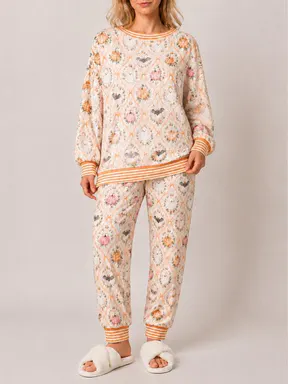 Women's Halloween Pajama Set, Cute Pumpkin Ghost Print Long Sleeve Lounge Set, Cozy Fall Sleepwear 2 Piece Outfit, Comfy Christmas Holiday Homewear Gift for Women
