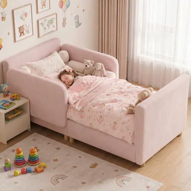 Lilypelle 3-in-1 Comfy Padded Toddler Sofa Bed, Convertible Crib-Size Kids Bed with Removable Side Rails, Upholstered Soft Chenille Nursery Daybed Couch, Children’s Bedroom Furniture