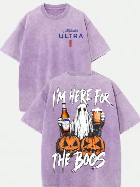 Vintage Washed Michelob Ultra Ghost \"I'm Here For The Boos\" Double-Sided Graphic Tee | 230gsm Heavyweight Streetwear, Unisex Loose Crew Neck Cotton Halloween Casual Top for Men & Women