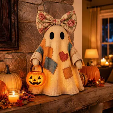 Lighted Vintage Patchwork, Light Up with Pumpkin Lantern Halloween Decor, Vintage Halloween Patchwork Ghosts Lamp, Rustic Fall Figurine Decoration for Mantel Shelf Entryway Porch