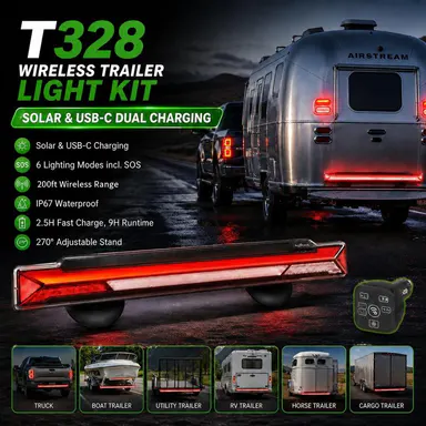 T328 Wireless Trailer Light Bar with Solar & USB-C Charging, Magnetic Suction Mount Tail Brake Turn Signal Reverse Warning Light, 200FT Signal Monitor for Truck RV Boat Cargo Trailer campingessentials