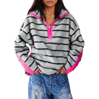 Fisoew Women's Retro Teddy Fleece Sweatshirt, Light Baggy Half-Zip Oversized Collar, Long Sleeve, Contrast Color-Block Cuff, Kangaroo Pocket, Comfortable Casual Pullover Top (Womenswear Fashion Clothes for Women, Street Style), Colorful