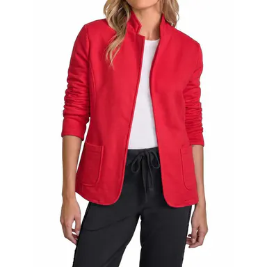 Fisoew Fashion Women's Stand-Collar Sweat-Style Blazer – A slim-fit, long-sleeve casual blazer with patch pockets, suitable for work, daily wear, and travel.